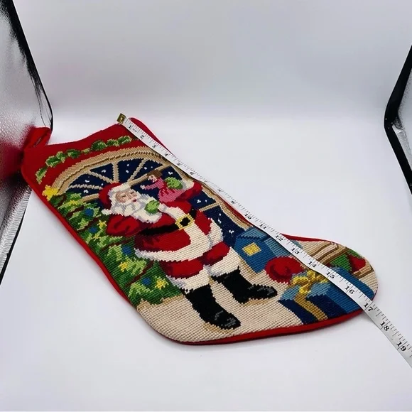 VTG Macy’s Stocking Needlepoint Santa Christmas Red Holiday Velvet Back Tree Dol - Picture 9 of 9